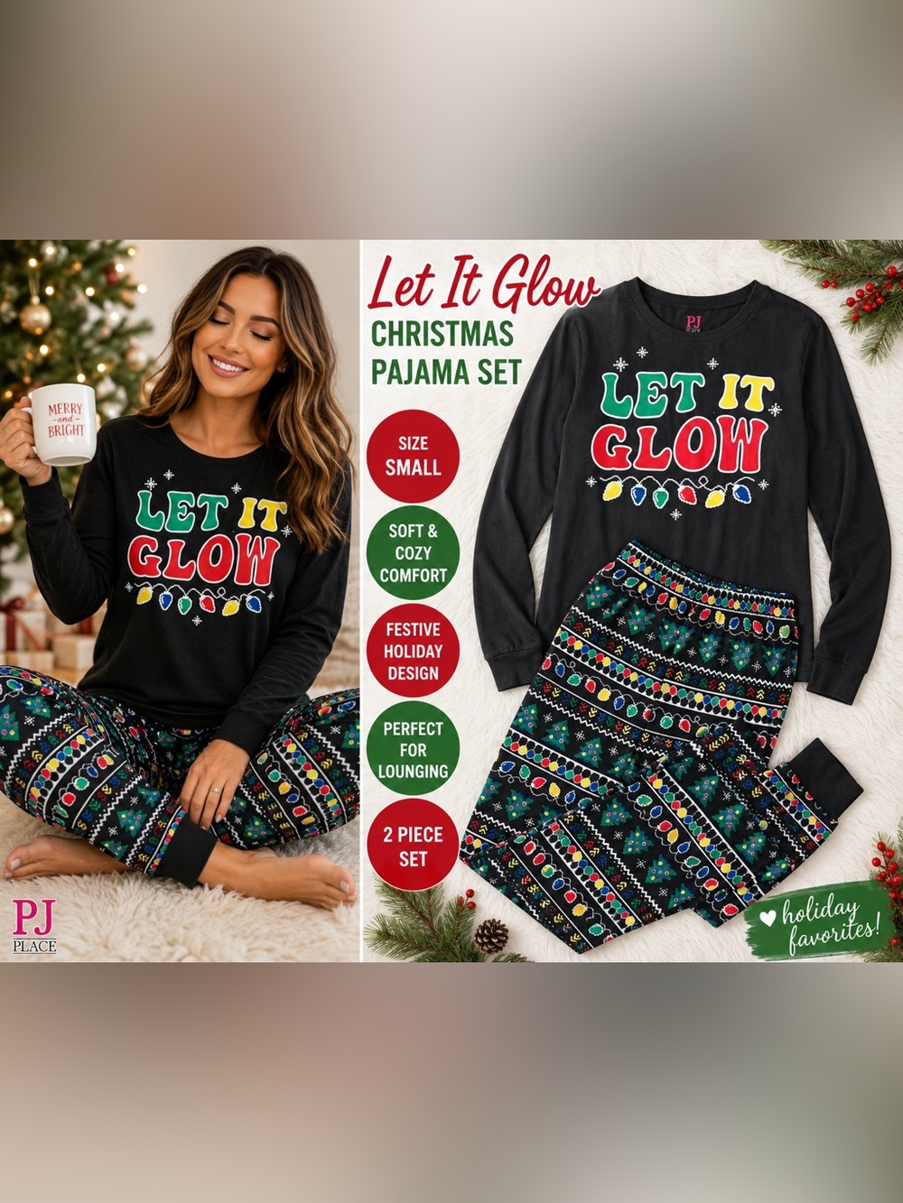 PJ Place “Let It Glow” Women’s Christmas Pajama Set Size Small
